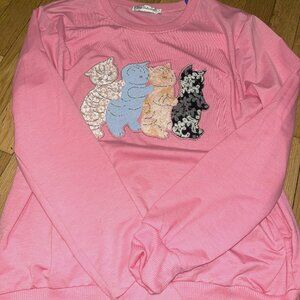 Hot Pink Long Sleeve Fleece Top With Rhinestone Kittens (L) *NEW*
